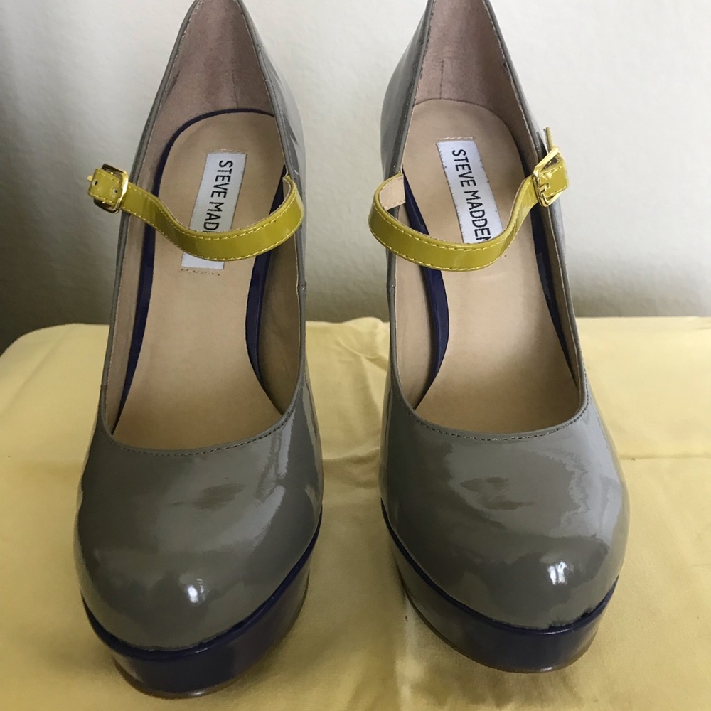 Yellow, blue, and gray heels